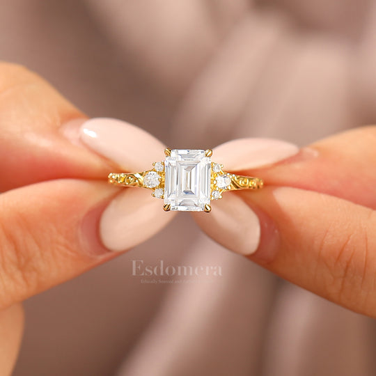 Unique 2CT Leaf-inspired Emerald Cut 14K Yellow Gold Moissanite Engagement Ring Filigree Wedding Ring