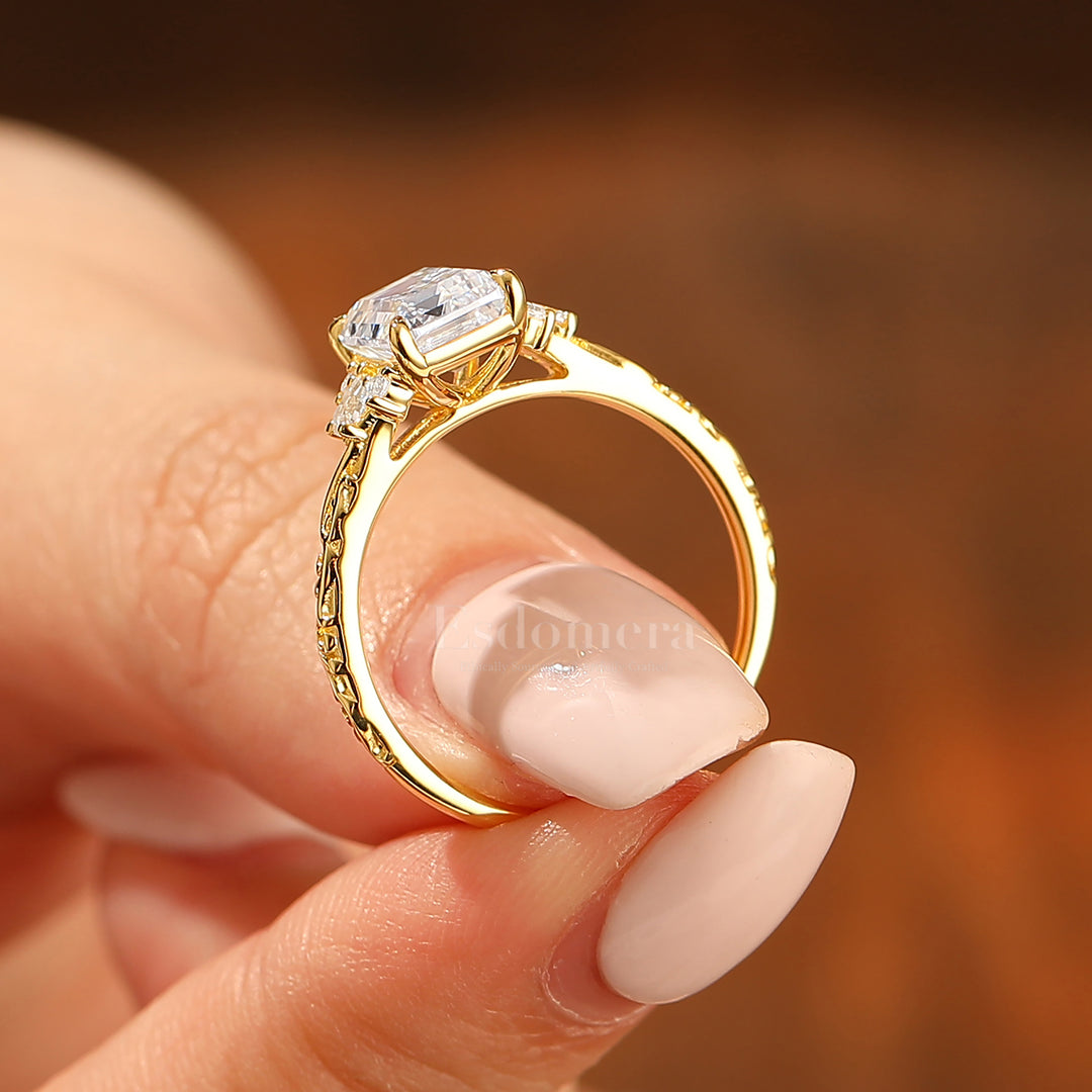 Unique 2CT Leaf-inspired Emerald Cut 14K Yellow Gold Moissanite Engagement Ring Filigree Wedding Ring