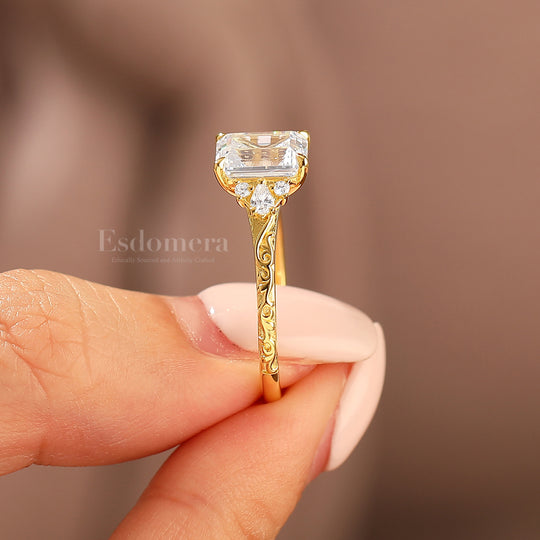 Unique 2CT Leaf-inspired Emerald Cut 14K Yellow Gold Moissanite Engagement Ring Filigree Wedding Ring