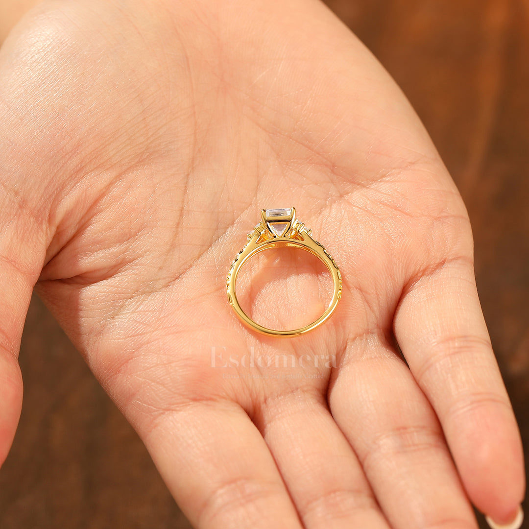 Unique 2CT Leaf-inspired Emerald Cut 14K Yellow Gold Moissanite Engagement Ring Filigree Wedding Ring