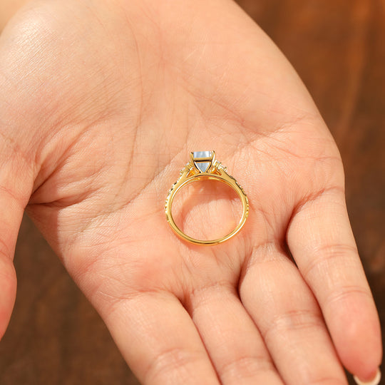 Unieke 2CT Blad-geïnspireerde Smaragdslijpvormige 14K Geelgouden Aquamarijn Verlovingsring Filigraan Trouwring