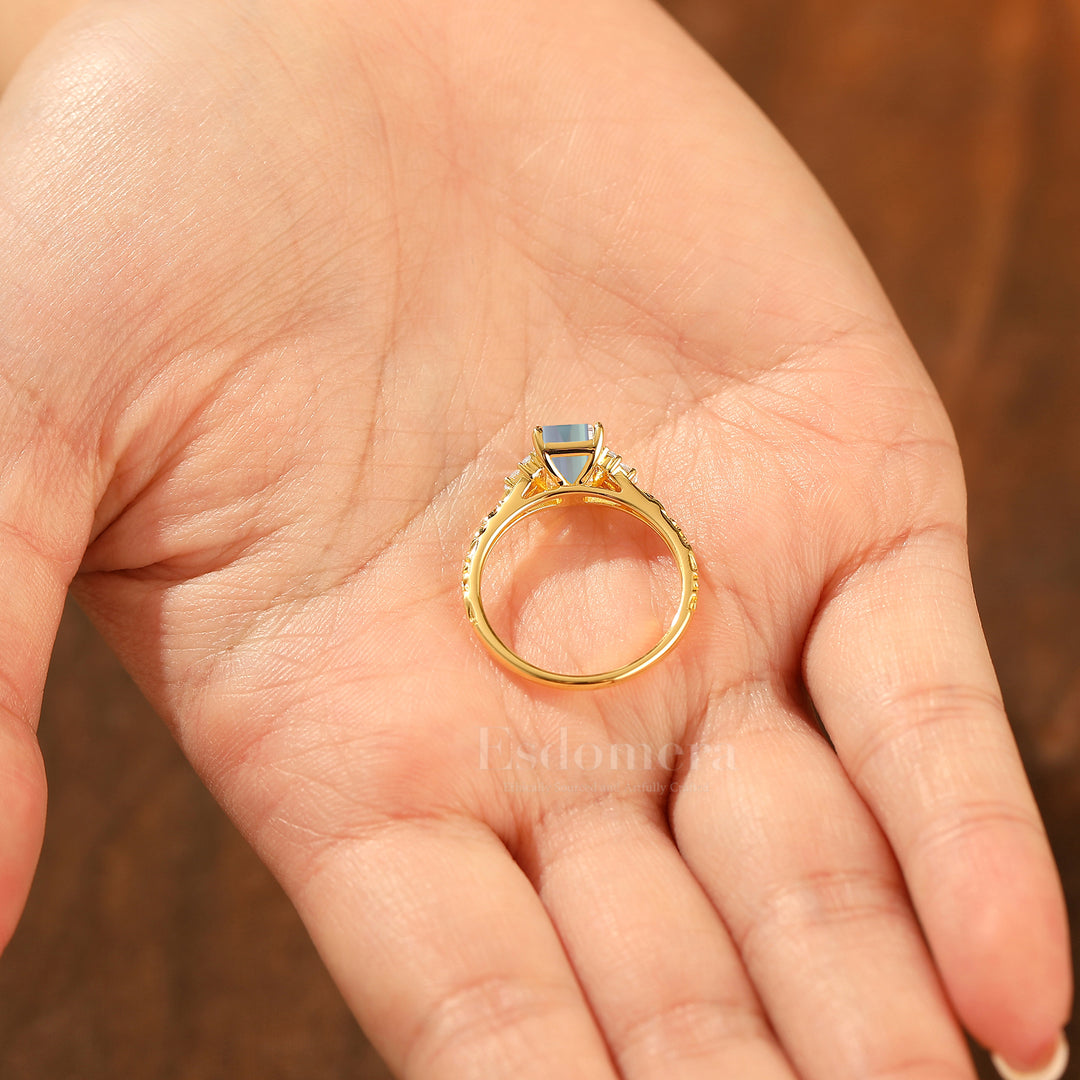 Unique 2CT Feuille inspirée Taille Émeraude Bague de Fiançailles en Or Jaune 14K Alexandrite Bague de Mariage Filigrane