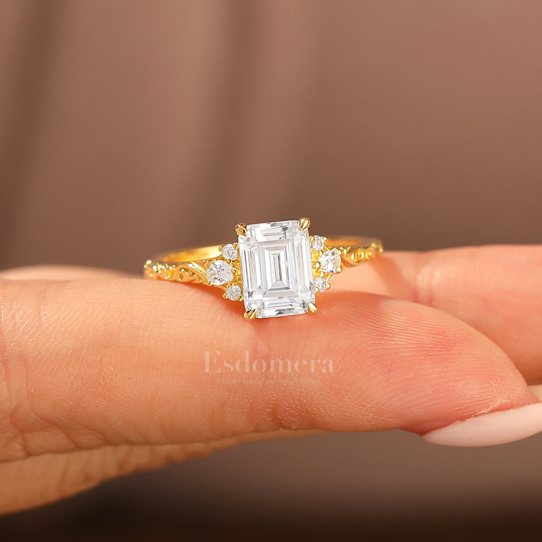 Unique 2CT Leaf-inspired Emerald Cut 14K Yellow Gold Moissanite Engagement Ring Filigree Wedding Ring