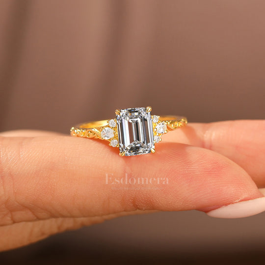 Unique 2CT Leaf-inspired Emerald Cut Lab Grown Diamond Bridal Ring Prongs Set Ring (IGI Certified)