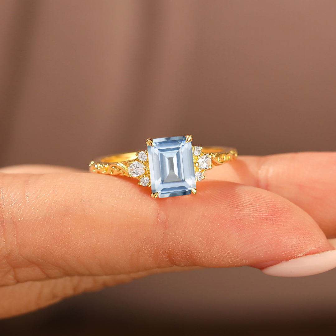 Unieke 2CT Blad-geïnspireerde Smaragdslijpvormige 14K Geelgouden Aquamarijn Verlovingsring Filigraan Trouwring