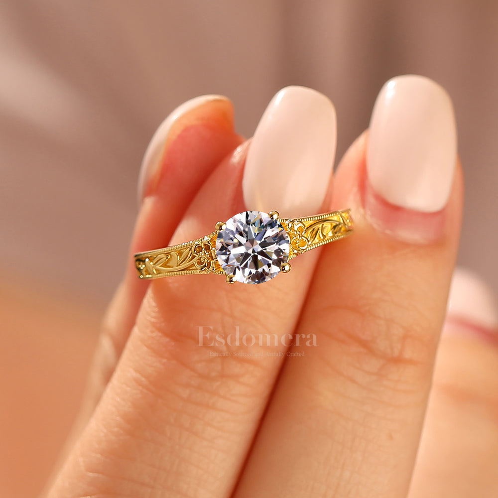 Romantic Floral Engraved Round Lab Grown Diamond Ring 14K Gold Deco Milgrain Bridal Ring (IGI Certified)
