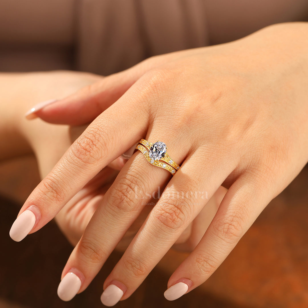 Juego de 2 anillos de boda con diamante ovalado delicado cultivado en laboratorio, filigrana, oro amarillo macizo, conjunto nupcial apilable (certificado por IGI)