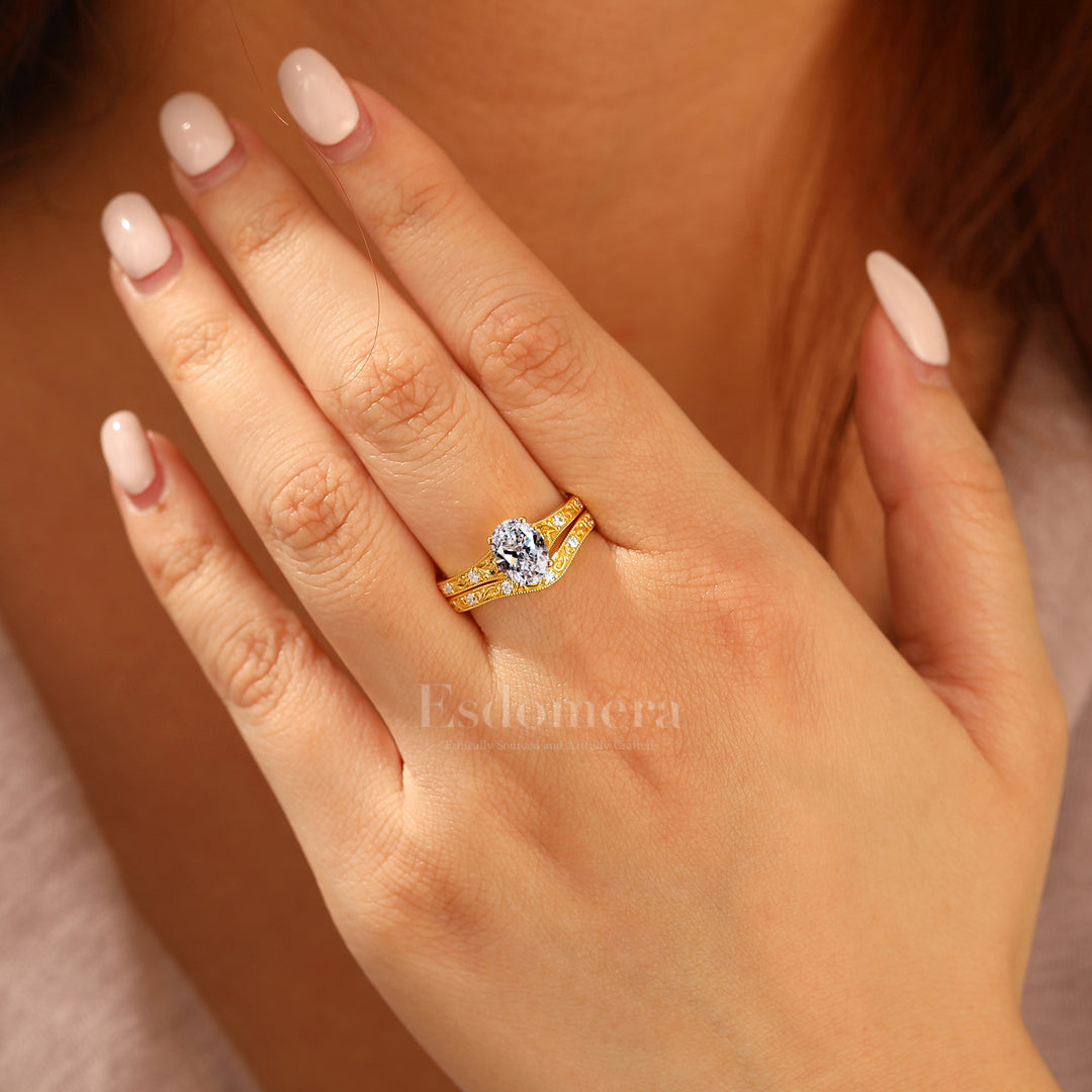 Juego de 2 anillos de boda con diamante ovalado delicado cultivado en laboratorio, filigrana, oro amarillo macizo, conjunto nupcial apilable (certificado por IGI)