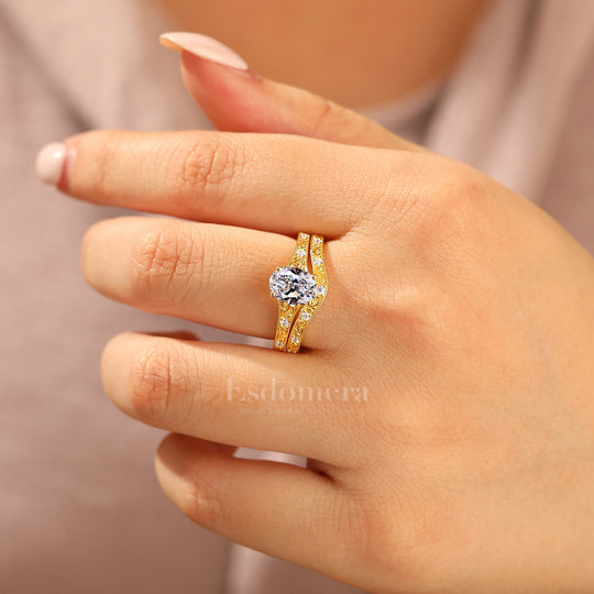 Juego de 2 anillos de boda con diamante ovalado delicado cultivado en laboratorio, filigrana, oro amarillo macizo, conjunto nupcial apilable (certificado por IGI)