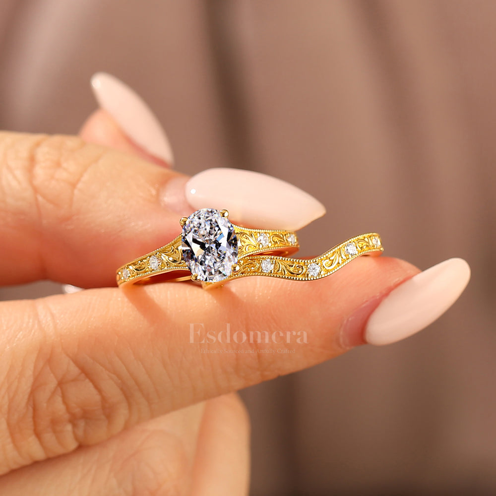 Dainty Oval Cut Lab Grown Diamond 2pcs Wedding Ring Set Filigree Solid Yellow Gold Bridal Stacking Set (IGI Certified)
