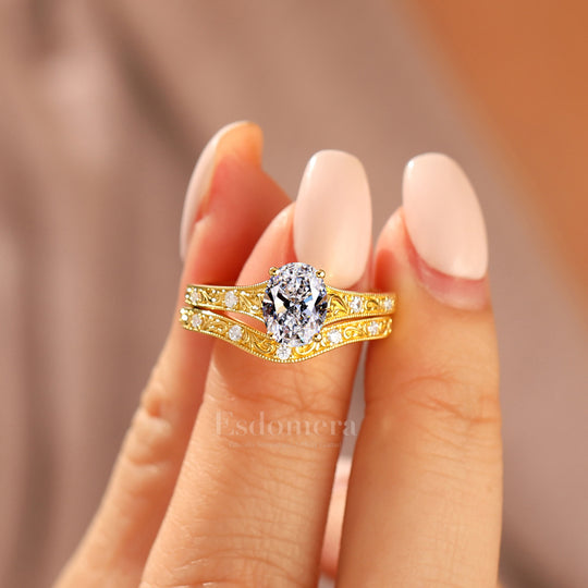 Juego de 2 anillos de boda con diamante ovalado delicado cultivado en laboratorio, filigrana, oro amarillo macizo, conjunto nupcial apilable (certificado por IGI)