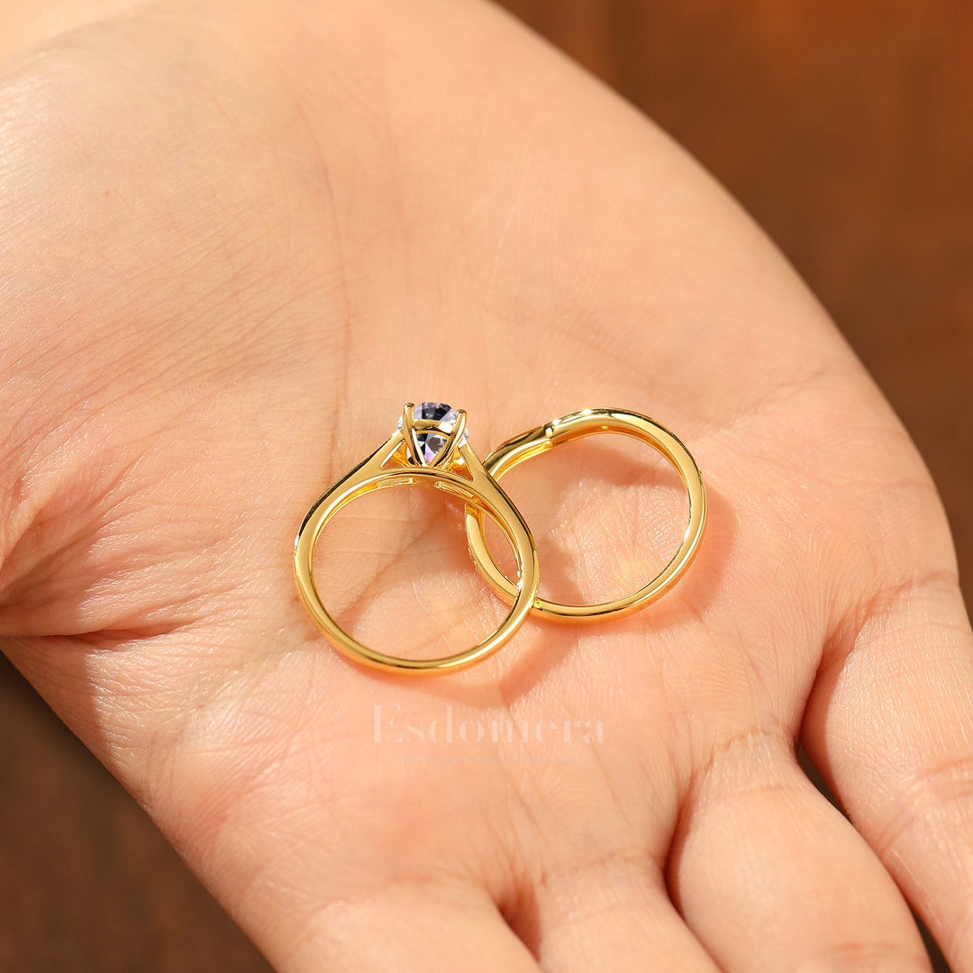 Juego de 2 anillos de boda con diamante ovalado delicado cultivado en laboratorio, filigrana, oro amarillo macizo, conjunto nupcial apilable (certificado por IGI)