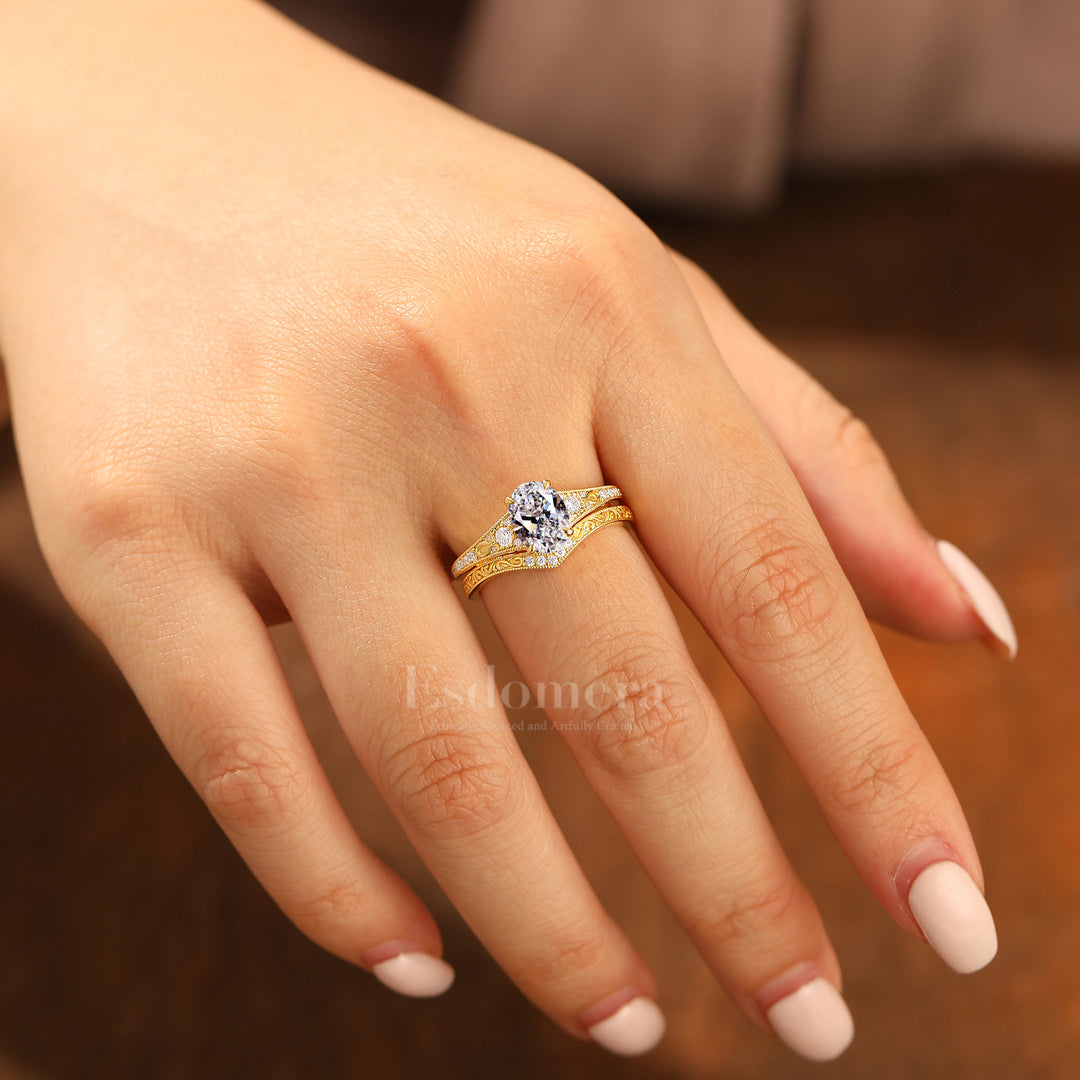 Antiguo conjunto de 2 anillos de boda con diamante ovalado cultivado en laboratorio, anillos de oro amarillo macizo con filigrana (certificados por IGI)