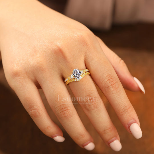 Antiguo conjunto de 2 anillos de boda con diamante ovalado cultivado en laboratorio, anillos de oro amarillo macizo con filigrana (certificados por IGI)