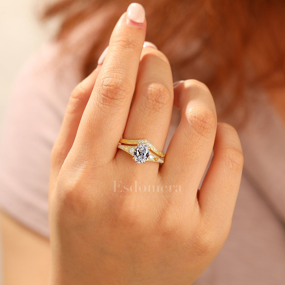 Antiguo conjunto de 2 anillos de boda con diamante ovalado cultivado en laboratorio, anillos de oro amarillo macizo con filigrana (certificados por IGI)