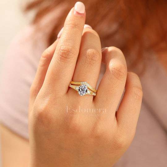 Antiguo conjunto de 2 anillos de boda con diamante ovalado cultivado en laboratorio, anillos de oro amarillo macizo con filigrana (certificados por IGI)