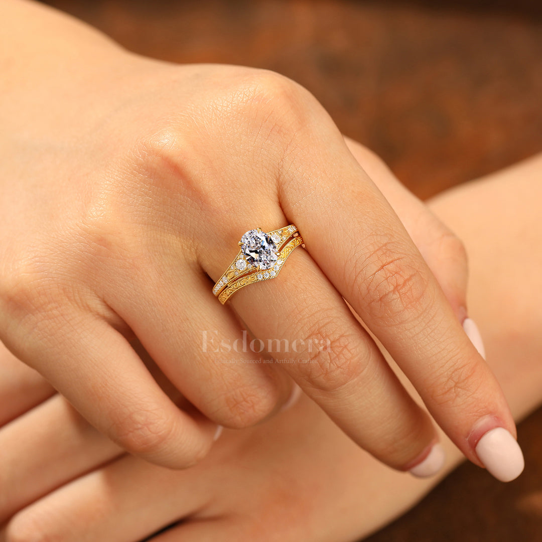 Antiguo conjunto de 2 anillos de boda con diamante ovalado cultivado en laboratorio, anillos de oro amarillo macizo con filigrana (certificados por IGI)