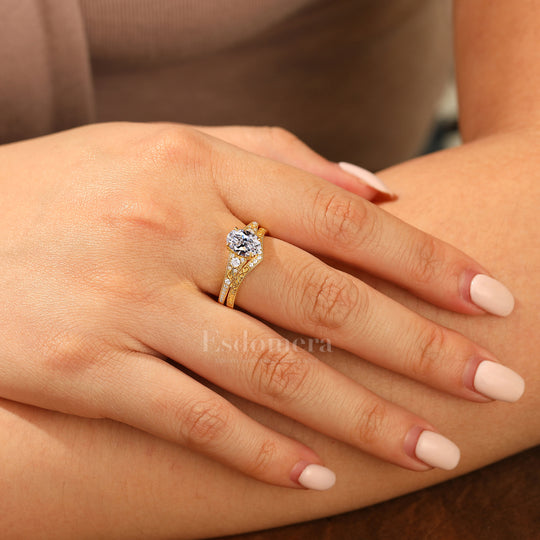 Antiguo conjunto de 2 anillos de boda con diamante ovalado cultivado en laboratorio, anillos de oro amarillo macizo con filigrana (certificados por IGI)