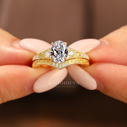 Antiguo conjunto de 2 anillos de boda con diamante ovalado cultivado en laboratorio, anillos de oro amarillo macizo con filigrana (certificados por IGI)