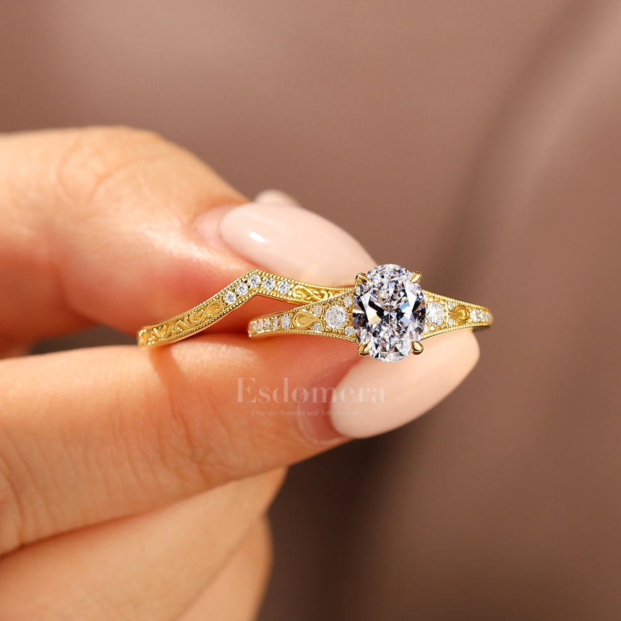 Antique Oval Shape Lab Grown Diamond 2pcs Wedding Ring Set Filigree Solid Yellow Gold Rings (IGI Certified)