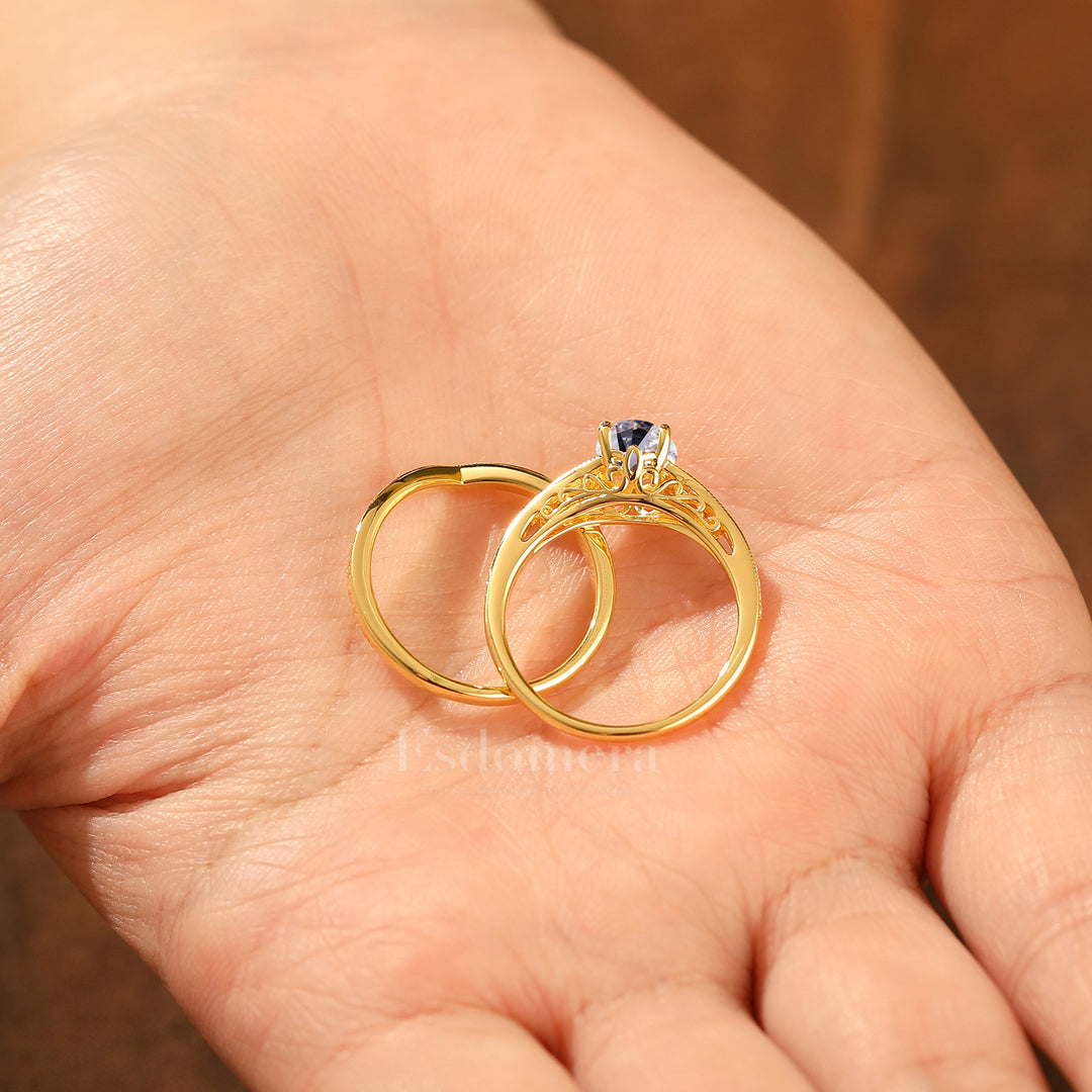 Antiguo conjunto de 2 anillos de boda con diamante ovalado cultivado en laboratorio, anillos de oro amarillo macizo con filigrana (certificados por IGI)