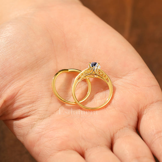 Antiguo conjunto de 2 anillos de boda con diamante ovalado cultivado en laboratorio, anillos de oro amarillo macizo con filigrana (certificados por IGI)