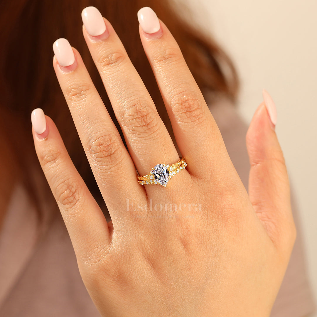 Antiguo conjunto de 2 anillos de boda con diamante ovalado cultivado en laboratorio, filigrana, oro amarillo macizo, conjunto nupcial apilable (certificado IGI)