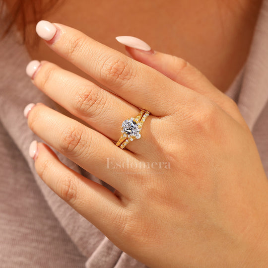 Antiguo conjunto de 2 anillos de boda con diamante ovalado cultivado en laboratorio, filigrana, oro amarillo macizo, conjunto nupcial apilable (certificado IGI)