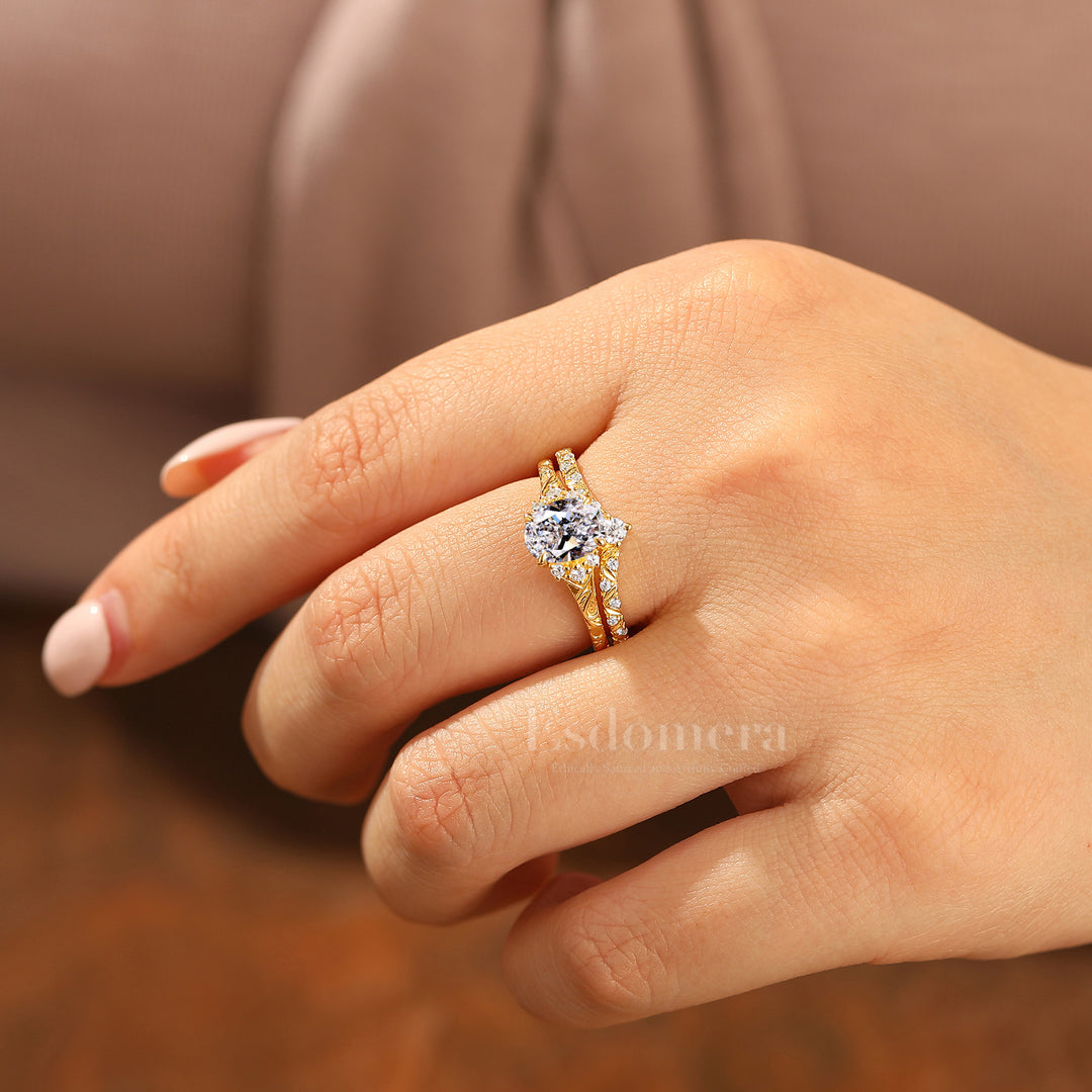 Antiguo conjunto de 2 anillos de boda con diamante ovalado cultivado en laboratorio, filigrana, oro amarillo macizo, conjunto nupcial apilable (certificado IGI)