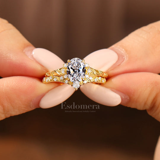 Antiguo conjunto de 2 anillos de boda con diamante ovalado cultivado en laboratorio, filigrana, oro amarillo macizo, conjunto nupcial apilable (certificado IGI)