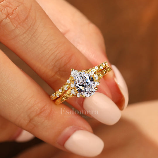 Antiguo conjunto de 2 anillos de boda con diamante ovalado cultivado en laboratorio, filigrana, oro amarillo macizo, conjunto nupcial apilable (certificado IGI)