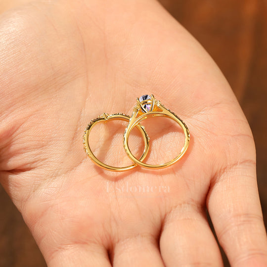 Antiguo conjunto de 2 anillos de boda con diamante ovalado cultivado en laboratorio, filigrana, oro amarillo macizo, conjunto nupcial apilable (certificado IGI)
