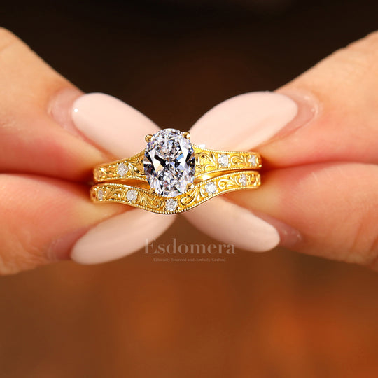 Juego de 2 anillos de boda con diamante ovalado delicado cultivado en laboratorio, filigrana, oro amarillo macizo, conjunto nupcial apilable (certificado por IGI)