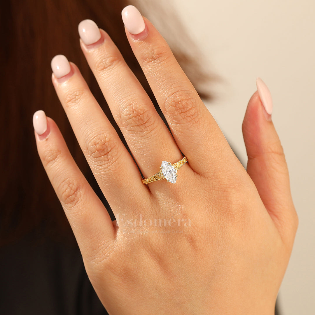 Vintage Filigree Solitaire Marquise Cut Moissanite Engagement Ring 14K Gold Anniversary Bridal Ring