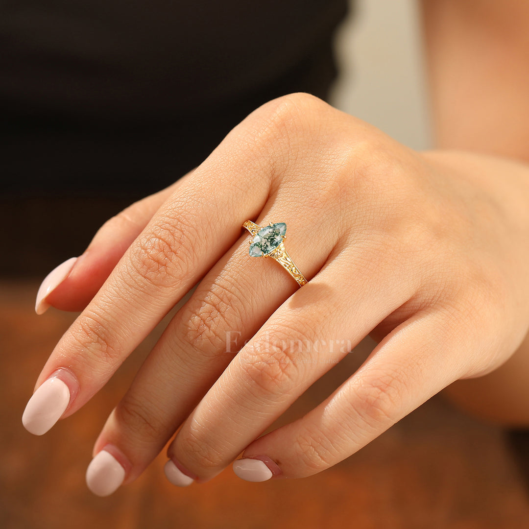 Vintage Filigree Solitaire Marquise Cut Natural Moss Agate Engagement Ring 14K Gold Bridal Ring