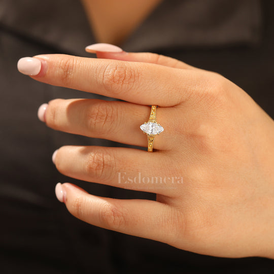 Vintage Filigree Solitaire Marquise Cut Moissanite Engagement Ring 14K Gold Anniversary Bridal Ring