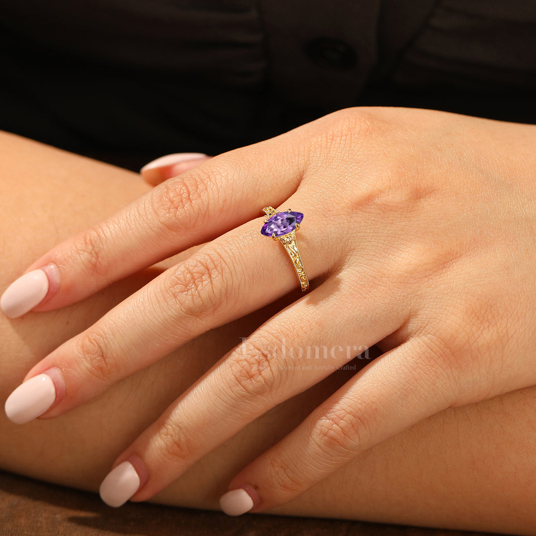 Vintage Filigree Solitaire Marquise Cut Amethyst Engagement Ring 14K Gold Anniversary Bridal Ring