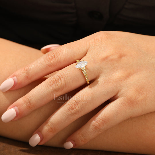 Vintage Filigree Solitaire Marquise Cut Moissanite Engagement Ring 14K Gold Anniversary Bridal Ring