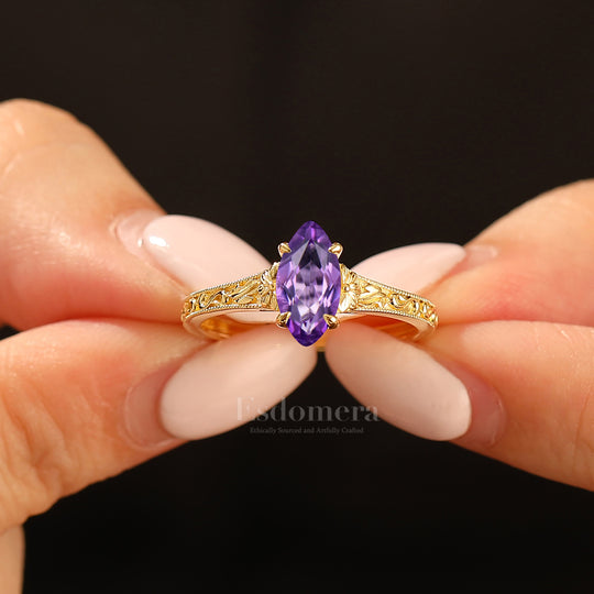 Vintage Filigree Solitaire Marquise Cut Amethyst Engagement Ring 14K Gold Anniversary Bridal Ring