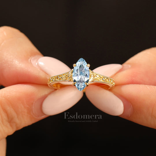 Vintage Filigree Solitaire Marquise Cut Aquamarine Engagement Ring 14K Gold Bridal Ring