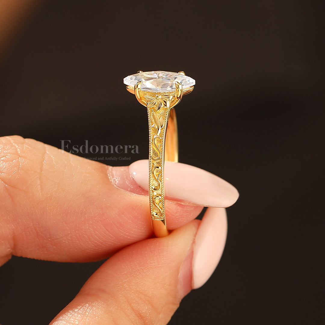 Vintage Filigree Solitaire Marquise Cut Moissanite Engagement Ring 14K Gold Anniversary Bridal Ring