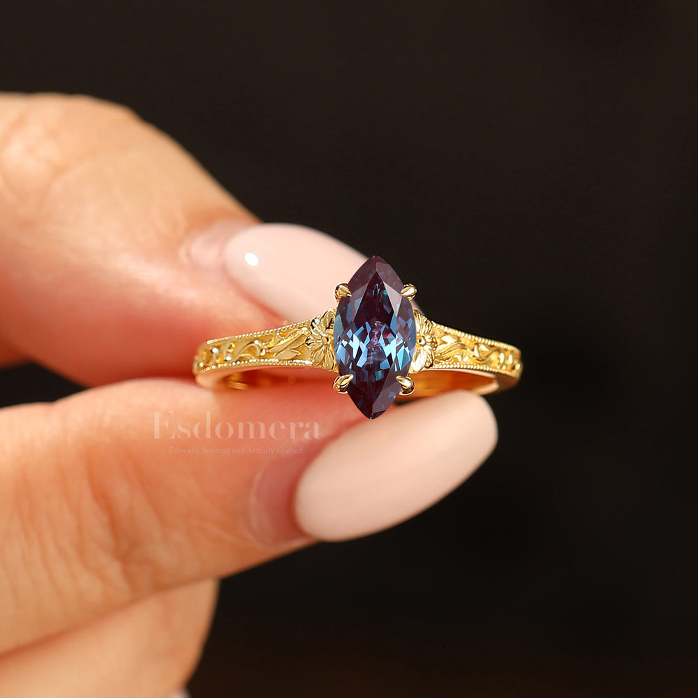 Vintage Filigree Solitaire Marquise Cut Alexandrite Engagement Ring 14K Gold Bridal Ring