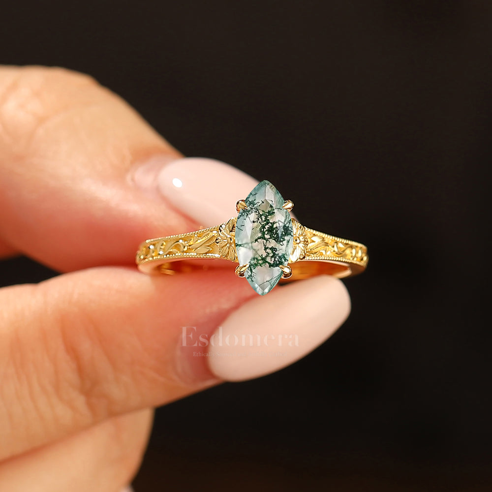 Vintage Filigree Solitaire Marquise Cut Natural Moss Agate Engagement Ring 14K Gold Bridal Ring