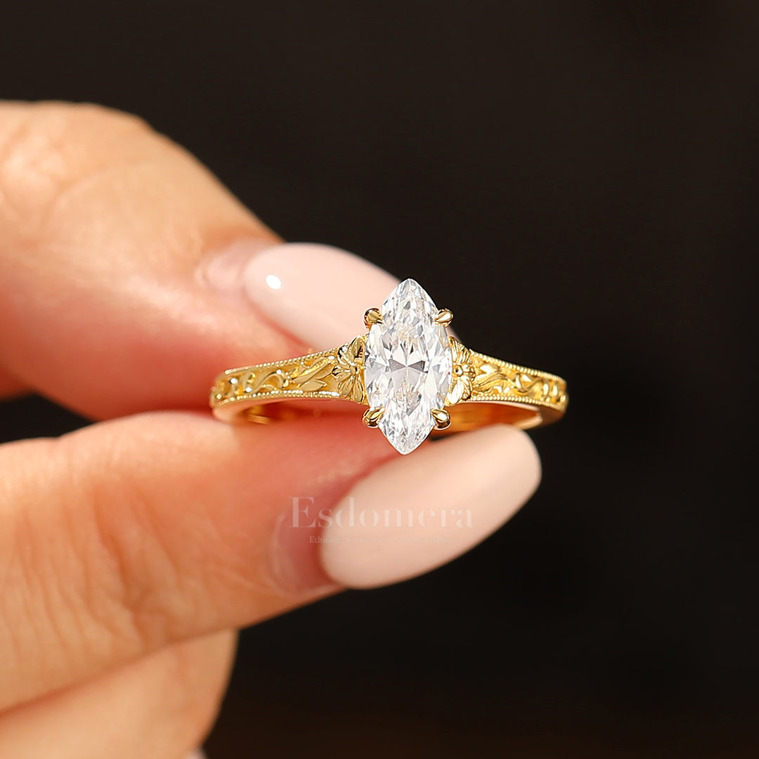 Vintage Filigree Solitaire Marquise Cut Moissanite Engagement Ring 14K Gold Anniversary Bridal Ring