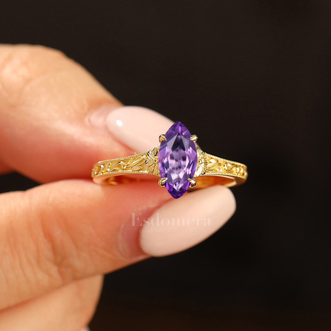 Vintage Filigree Solitaire Marquise Cut Amethyst Engagement Ring 14K Gold Anniversary Bridal Ring