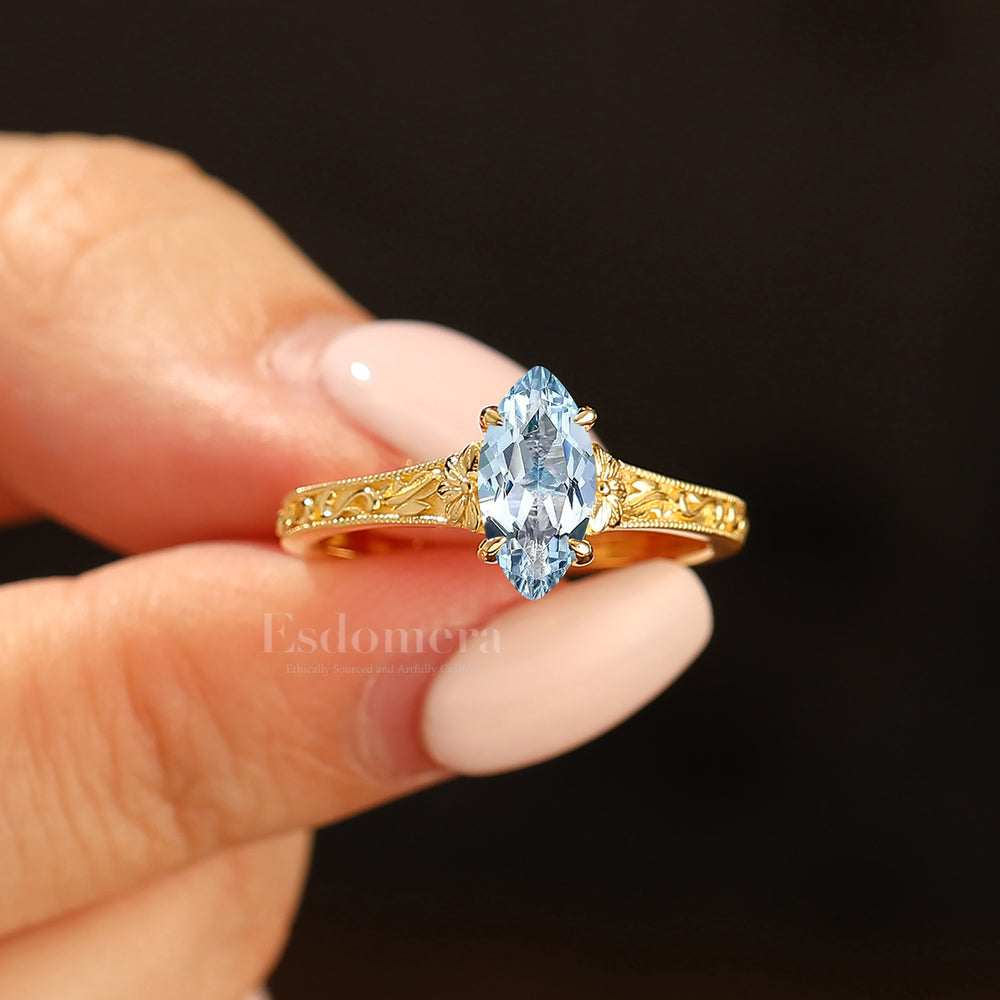 Vintage Filigree Solitaire Marquise Cut Aquamarine Engagement Ring 14K Gold Bridal Ring