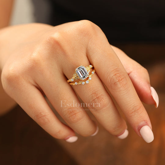 Unique Leaf-inspired Emerald Cut Lab Grown Diamond Bridal Ring Set 2pcs 14K Solid Gold Lab Diamond Rings (IGI Certified)