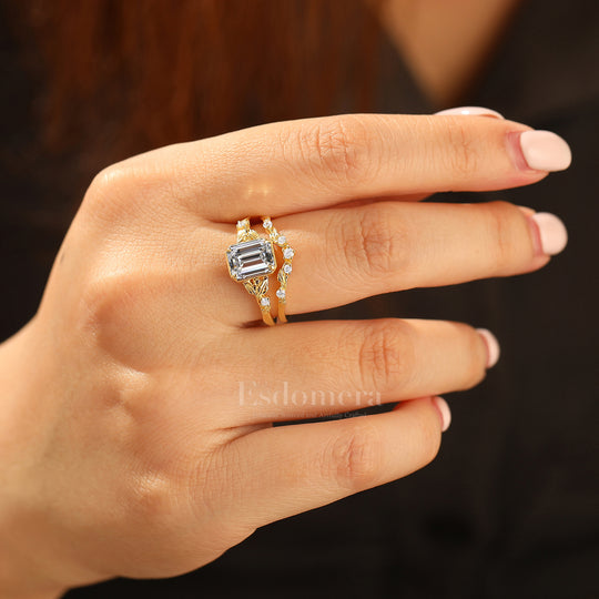 Unique Leaf-inspired Emerald Cut Lab Grown Diamond Bridal Ring Set 2pcs 14K Solid Gold Lab Diamond Rings (IGI Certified)