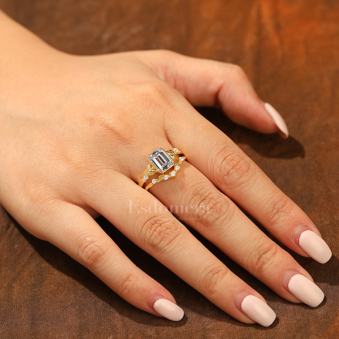 Unique Leaf-inspired Emerald Cut Lab Grown Diamond Bridal Ring Set 2pcs 14K Solid Gold Lab Diamond Rings (IGI Certified)