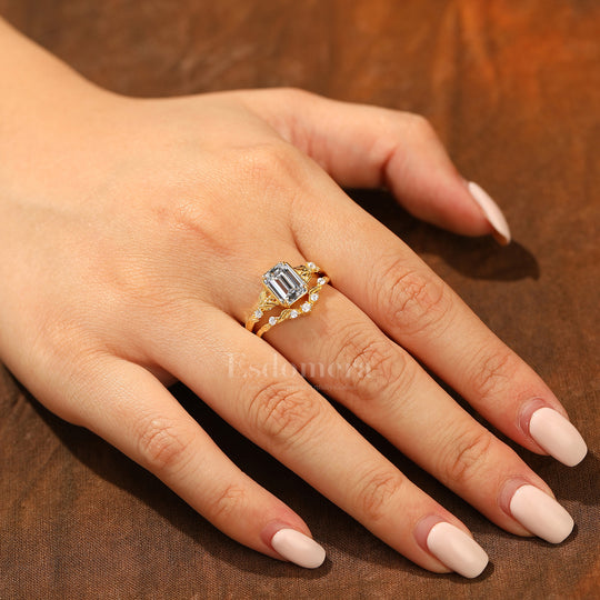 Unique Leaf-inspired Emerald Cut Lab Grown Diamond Bridal Ring Set 2pcs 14K Solid Gold Lab Diamond Rings (IGI Certified)